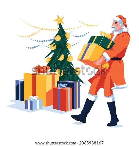 Santa holding and carrying some christmas gifts. Big choice of holiday gifts. Christmas tree and decoration. Flat cartoon vector illustration on white background