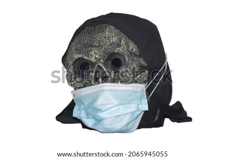 one alloween skull mask wearing a covid mask in a white background