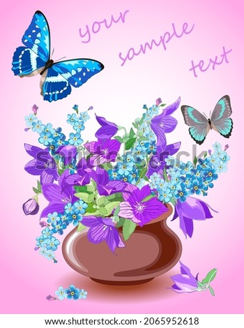 Bouquet of campanula flowers and forget-me-nots in a clay vase on a soft pink background with butterflies