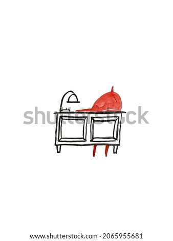 Hand paint watercolor stick figure illustration. Watercolor people. Speech. Man sits on a chair and reads. Back to school. Table.
