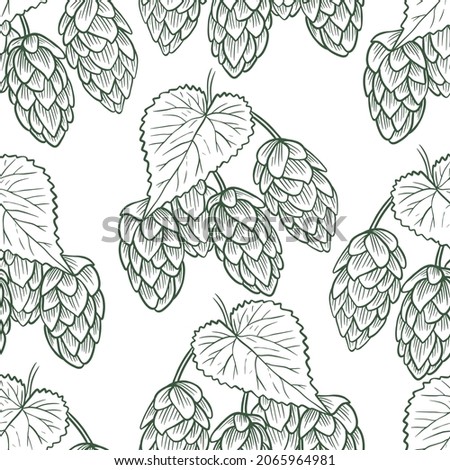 Twigs with hops and leaves seamless pattern. Background with plants for the production of beer. Hand drawing, sketch. Template for fabric, packaging and wallpaper, vector illustration.
