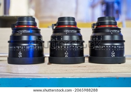 professional lenses for the camera. three lenses at different distances