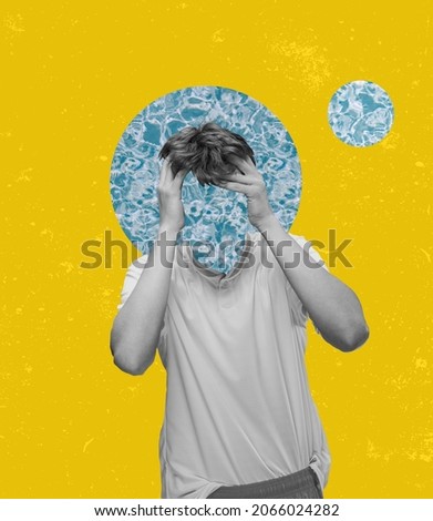 Male head filled of water, garbage, rubbish. A lot of unnecessary info. Modern design, contemporary art collage. Inspiration, idea, magazine style, fashion and creativity. Copyspace ad. Surrealism.