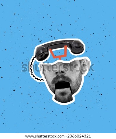 Human, male head like retro vintage phone. Modern design, contemporary art collage. Inspiration, ideas, magazine style, business and creativity concept. Copyspace for ad. Surrealism.