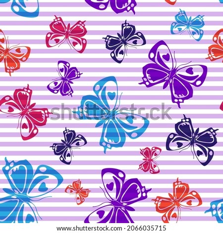 Flying creative butterfly silhouettes over striped background vector seamless pattern. Childish fashion textile print design. Lines and butterfly winged insect silhouettes seamless illustration.