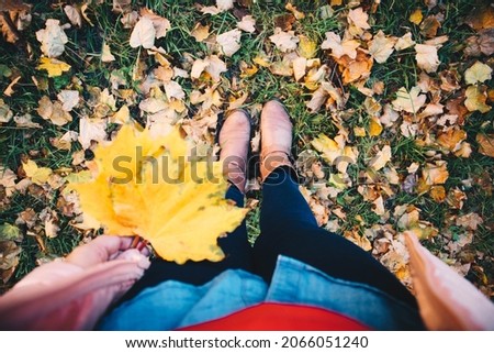 Yellow leaf in female hand on the background of the leaves ina autumn