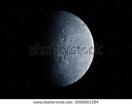 Sci-fi background. Secondary planet is covered with grooves and craters. Solid surface of a distant planet.