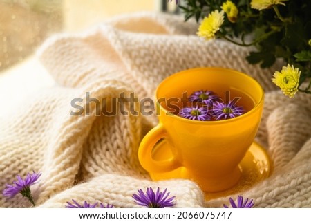 Yellow cup with herbal tea on a white knitted blanket on a rainy autumn day.