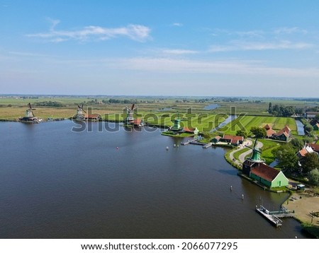 Zaanse Schans Windmills Aerial Drone Picture on a sunny day