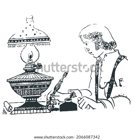 Young man writing in the light of a lamp - Line drawing Royalty-Free Stock Photo #2066087342