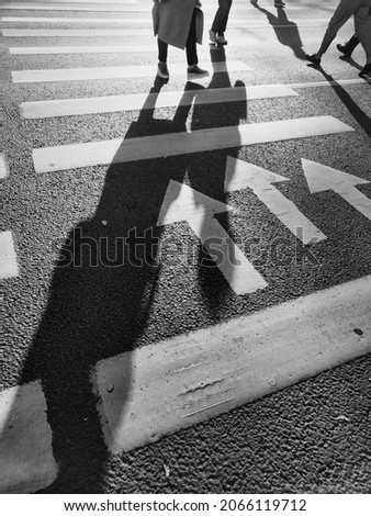Legs and shadows citizens crossing asphalt road on pedestrian zebra crosswalk on sunny day