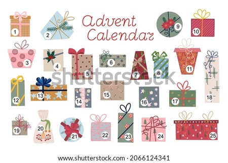 Christmas advent calendar of gift boxes set with ribbon and bows vector illustration, Merry Christmas and Happy New Year festive traditional winter holiday template