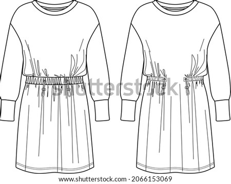 Vector round neck long sleeved dress fashion CAD, mini dress with elasticized waistband technical drawing, sketch, template, flat. Jersey or fleece fabric dress with front, back view, white color Royalty-Free Stock Photo #2066153069