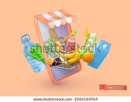 Online market. Grocery basket and smartphone. 3d vector realistic render illustration Royalty-Free Stock Photo #2066164964