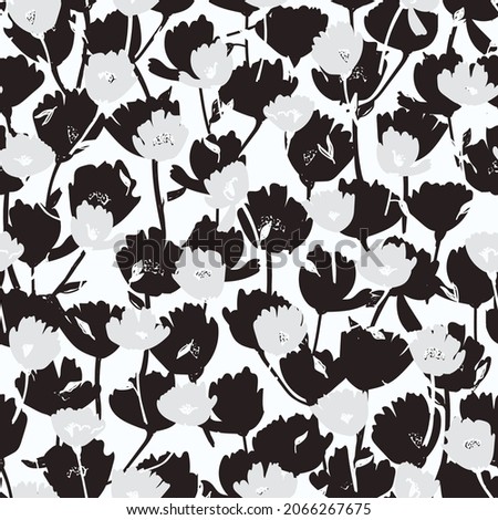 Monochrome abstract seamless pattern. Black and white botanical illustration. Hand drawn stylized flower silhouettes, digital art