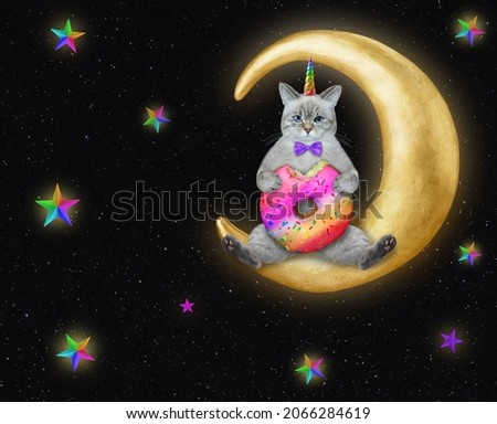 An ashen cat unicorn with a donut sits on the moon at night.