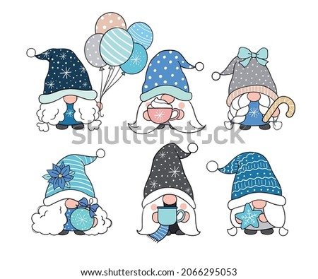 Draw vector illustration character design collection snow gnome for winter and christmas Doodle cartoon style