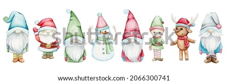 Santa Claus, gnomes, elf, snowman, reindeer. Watercolor set, heroes, for the New Year holiday, on an isolated background.