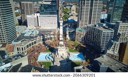 Iconic Soldiers and Sailors Monument from above and showcasing city in downtown Indianapolis, Indiana