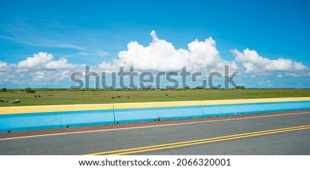 Road along on river top view drone shots. Beautiful clouds blue sky sunny. Car driving road trip coast with rain forest. Summer and travel vacation concept. 