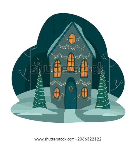 A house decorated for Christmas. Vector illustration in cartoon style.
