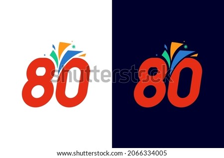 Number 80 firework logo. The design for anniversary or celebration with colorful fireworks