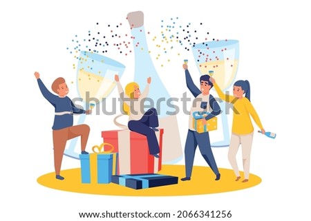 Happy celebration people composition with characters of festive friends with confetti and champagne glasses vector illustration