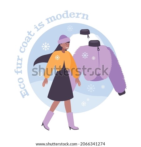 Fur coat flat composition with human character of walking woman hanging eco fur coat and editable text vector illustration