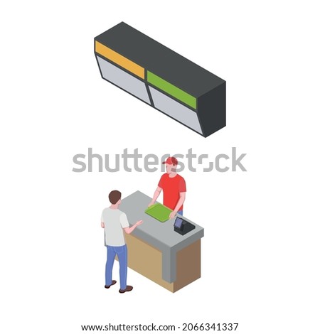 Food court isometric composition with view of counter with characters of cashier and guest vector illustation
