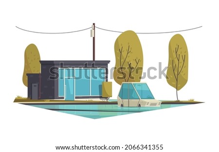 House design composition with outdoor scenery with trees and image of living house facade flat isolated vector illustration