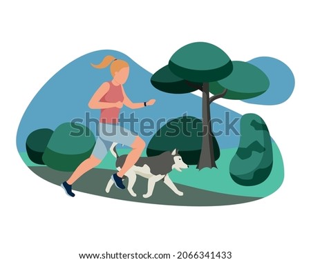 People with dogs flat composition with view of city park with running woman and her pet vector illustration