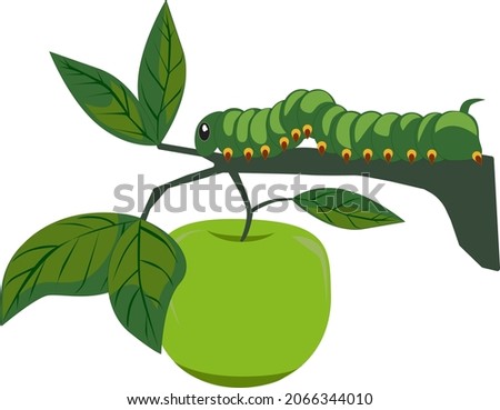 illustration vector graphic of a caterpillar that crawls close to the apple to be used as food, good for animated textbooks.