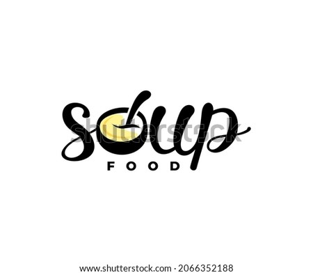 Soup, bowl with spoon, ramen soup, wordmark, lettering and typography, logo design. Food, meal, restaurant, catering and canteen, vector design and illustration Royalty-Free Stock Photo #2066352188