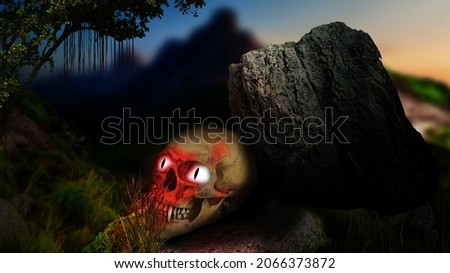 Human skull on rock, Photoshop manipulation, dark image