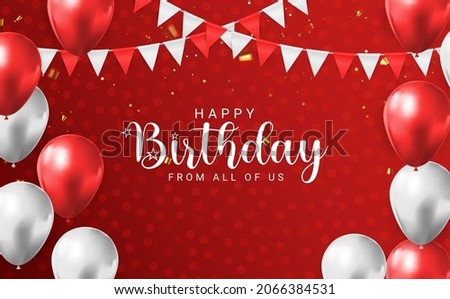 Happy Birthday congratulations banner design with Confetti, Balloons and Glossy Glitter Ribbon for Party Holiday Background. Vector Illustration EPS10
