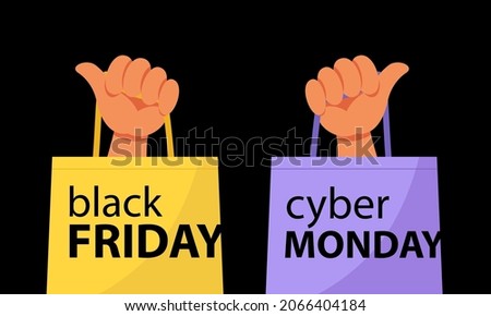Black Friday Cyber Monday. Big sale. Hands hold eco-bags with purchases. Vector flat illustration on black background