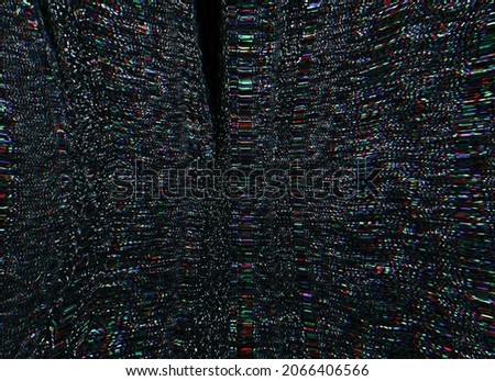 Glitch overlay. Grainy artifacts. Analog broadcast. Hack attack. Cryptocurrency technology. Colorful static pixel noise texture on dark black grunge abstract background.