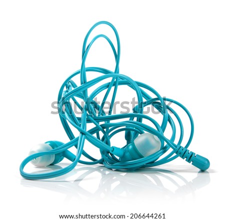 tangled earphones isolated on white Royalty-Free Stock Photo #206644261
