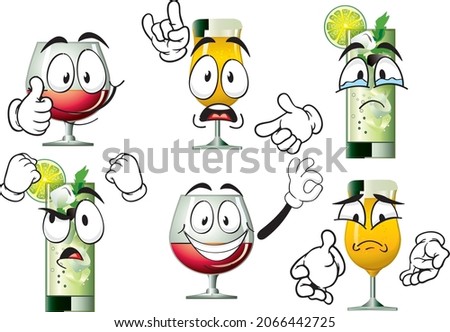 Vector set of funny icons and mascots of drinks and beer. Perfect for printing on posters, wallpapers, wall murals, cups, glasses, sunbeds, banners, roll-ups and more. EPS Vector format.