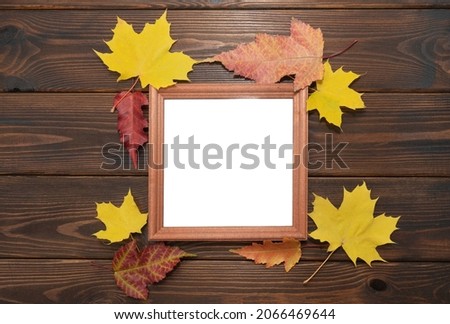 Autumn colorful leaves and photo frame. Top view,  copy space 