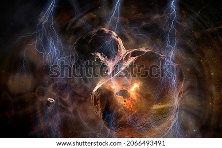 Collision of two planets of two worlds in a phantasmagoric sky with lightning. Eelements of this image furnished by NASA.