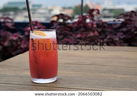 A glass of cold pink drink (Berry Pink Lemonade) that has medium-sized ice cubes, bubbles and a lemon slice on top. It is on a wooden table and has a blur of
Episcia cupreata (Hook.) Hanst background.