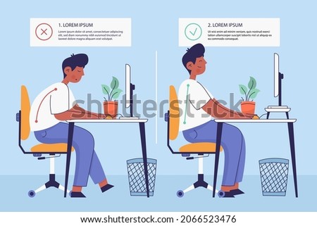 Posture correction. Good, right or bad, wrong, incorrect spine seat position. Correct posture neck, back. Human health, medical diagram. Ergonomic workstation, workplace sit. Vector illustration. 
 Royalty-Free Stock Photo #2066523476
