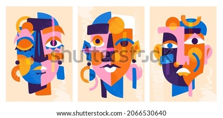 Set of colorful abstract male and female face portraits as a cubism wall art. Concept of creative shapes graphics with textured geometric shapes. Geometric face. Flat cartoon vector illustration