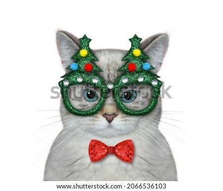 An ashen cat wears a Christmas mask. White background. Isolated.