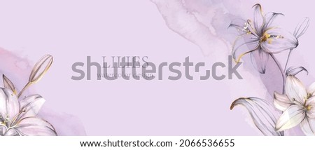 Elegant, romantic watercolor background with hand painted lilies. Colorful watercolor blot, wash, ink imitation.  Royalty-Free Stock Photo #2066536655