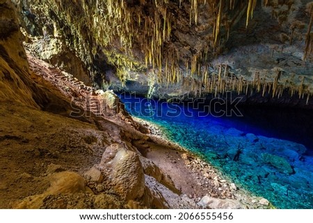 Abismo anhumas, cave with underground lake, Bonito national park, Mato Grosso Do Sul, Brazil Royalty-Free Stock Photo #2066555456