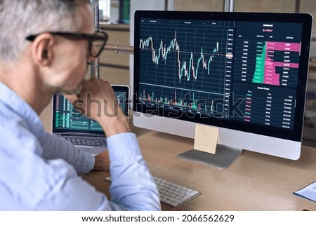 Crypto trader investor analyst looking at computer screen analyzing financial graph data on pc monitor, thinking of online stock exchange market trading investment global risks, over shoulder view. Royalty-Free Stock Photo #2066562629