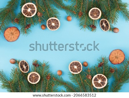 Christmas background with branches of fir, empty copy space, blue backdrop