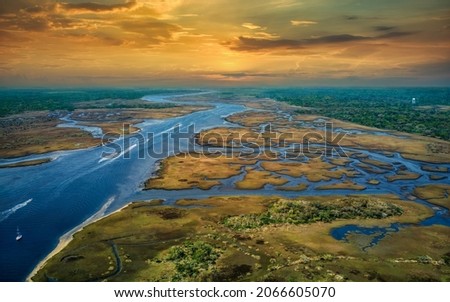 Aerial View of Sunset over Intracoastal Waterway at Jacksonville Beach Florida Royalty-Free Stock Photo #2066605070